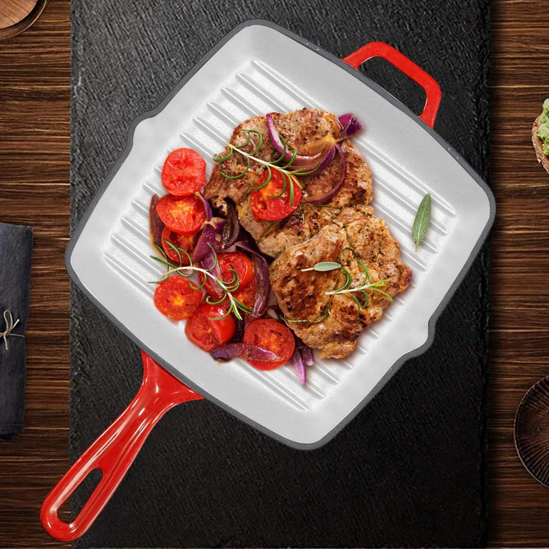 I home Enameled Cast Iron Pans Sets for Pour Spout Large Frying Pan with Yellow Blue Red Enameled Cast Iron Has a Glossy