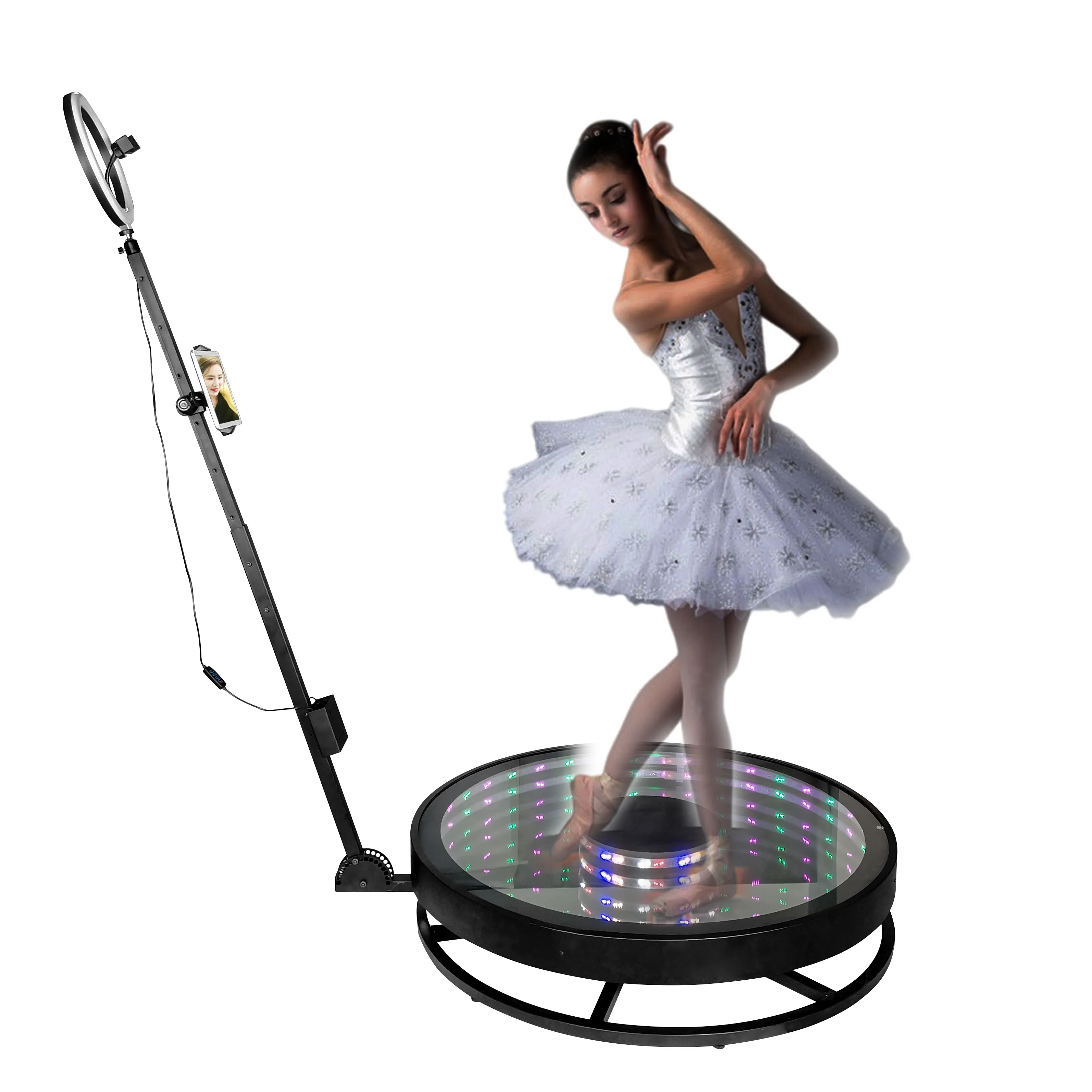 2022 hot sale new designed tempered glass 115cm diameter metal base photo booth automatic rotated 360 degree video booth
