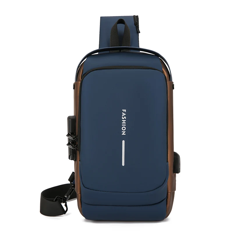 Large Capacity Waterproof Leather Antitheft Outdoor Sport Travel Hiking Camping Multifunction Men Crossbody Chest Bag with USB