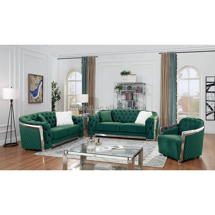 Modern Popular Beige Color Luxury Button Living Room Home Sofa Tufted Upholstered Stainless Steel Wooden Frame Sofa