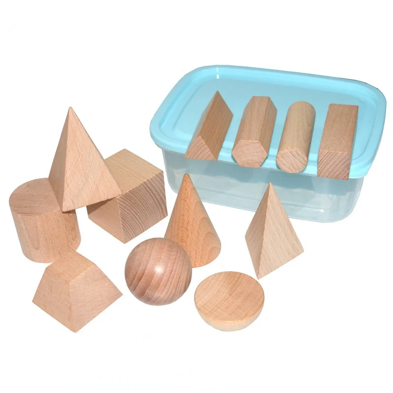 3D Shapes Wood Geometric Teaching Cube Building Blocks Toy Wooden Montessori Toys
