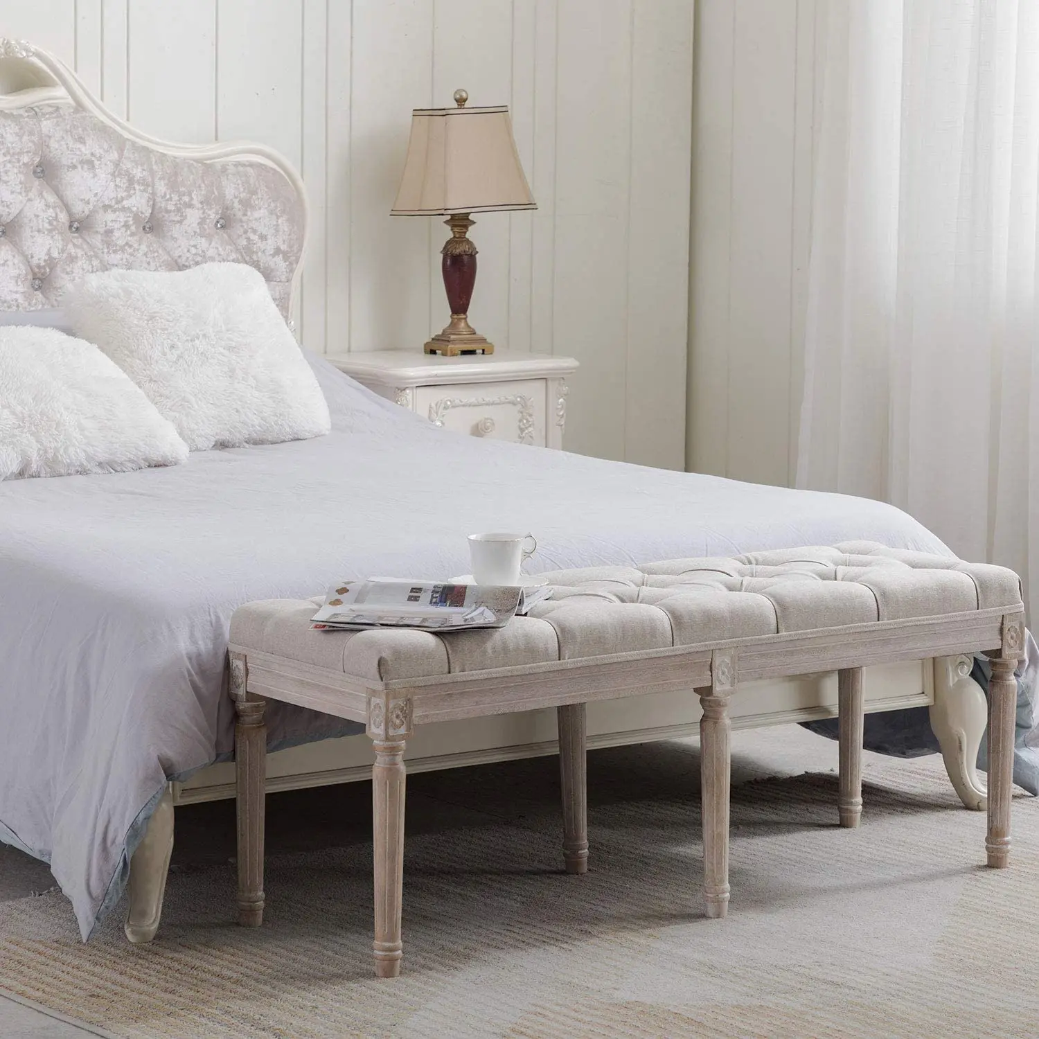 Lisung 10159 Living Room Bedroom Solid Wood Upholstered Bed Shoe  Seating Wooden Long Bench Stool Ottoman