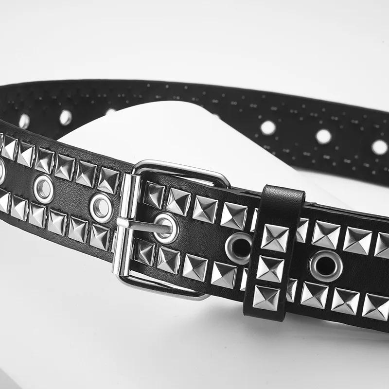 European And American Style Black Punk Leather Studded Two Lines Pyramid Rivet Belts Pu Leather Pin Buckle Belt For Jeans