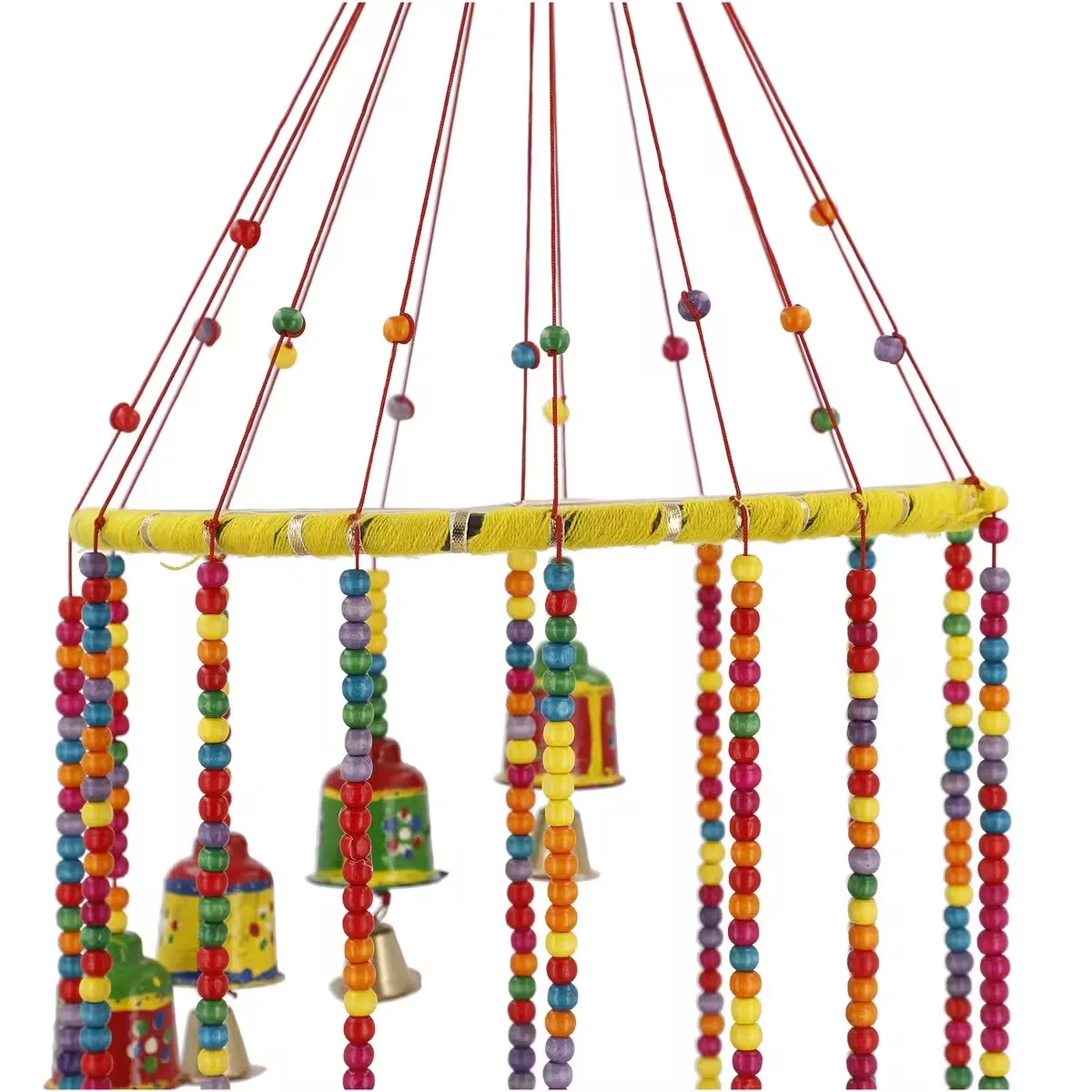 8 Inch Handcrafted Multi-Color Wooden Bell Home Decorative Accessory with Hanging Bells Unique Hand Crafted Design