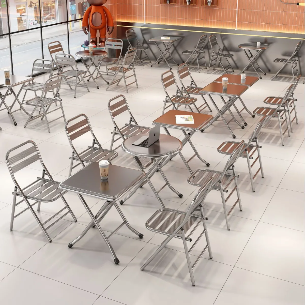 Industrial Style round Stainless Steel Table Chair Set for Light Food Tea & Coffee Shops Hot Pot & Barbecue for Restaurants Bars
