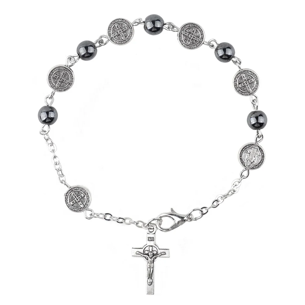 Браслеты из сплава, религиозные католические христианские бусины в стиле Святого Бенедикта, 6 мм, цепочка из гематита, четки