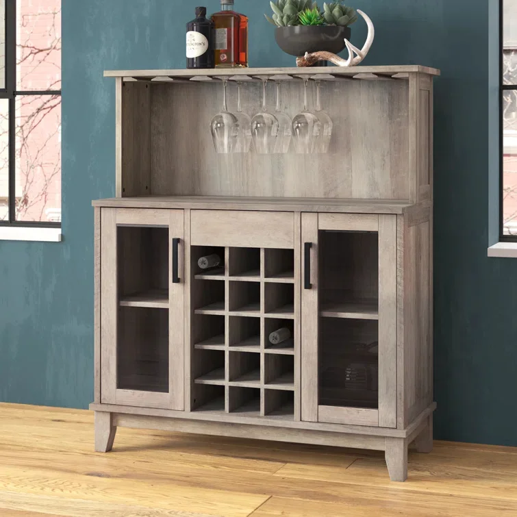 Farmhouse Rustic Wine Cabinet Coffee Station Microwave Wooden Bar Cabinet with Wine Rack and Glass Cup Holder Hunch
