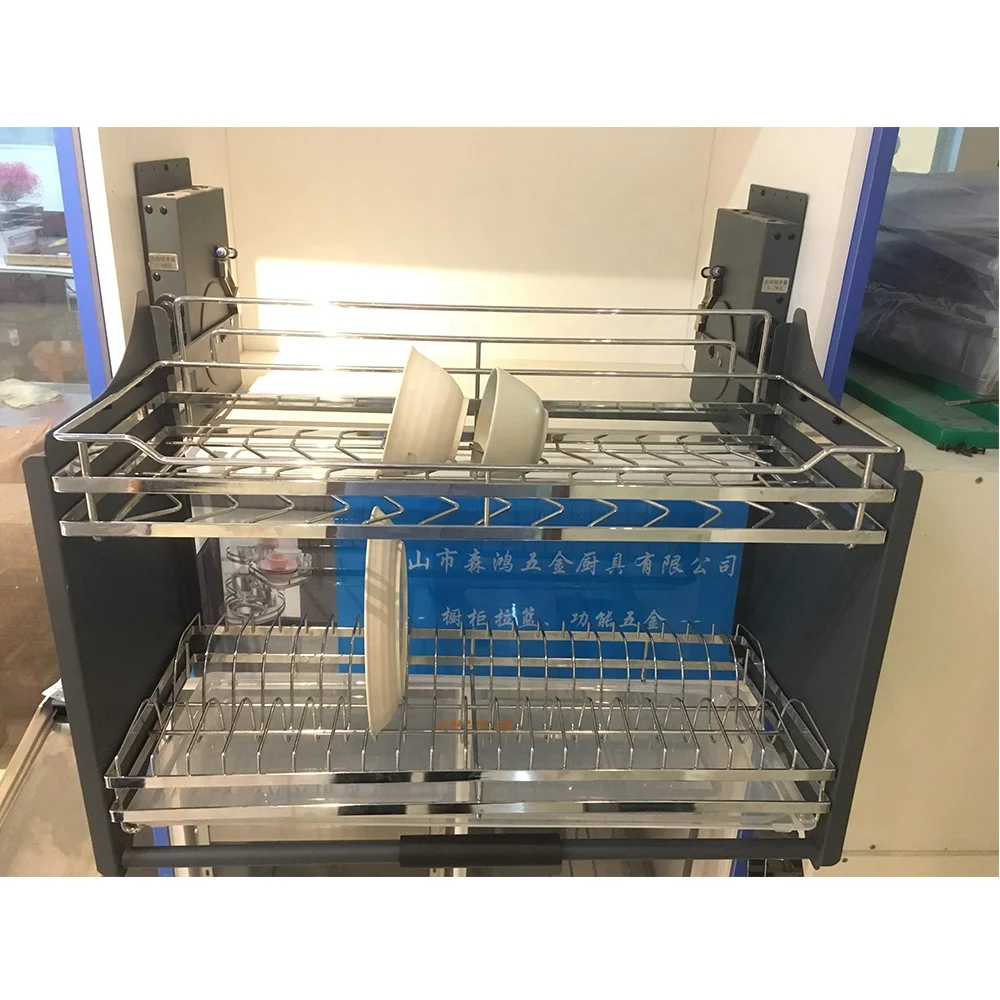 For kitchen cabinet modern lift up mechanism system food beverage vertical pull down elevator storage wire basket shelf shelves