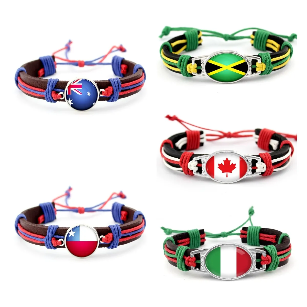 233 Countries Country Flag National Day Holiday Promotional Gift Glass Cabochon Charm Adjustable Unisex Genuine Leather Bracelet