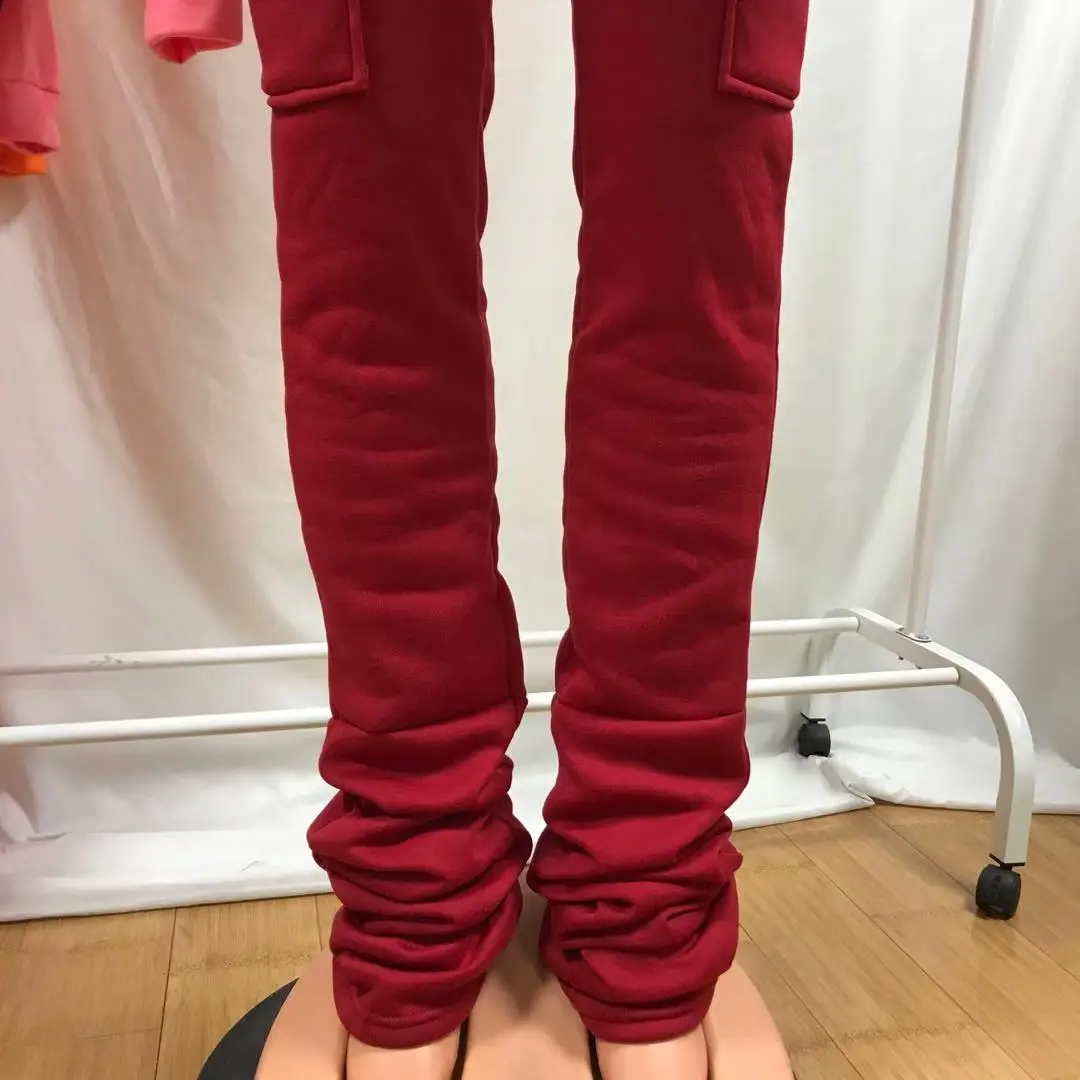 Custom Logo Side Pockets Cargo Pants Set Woman Casual Fleece Thick Crop Hoodie Joggers Stacked Sweatpants Two Piece Outfits Set