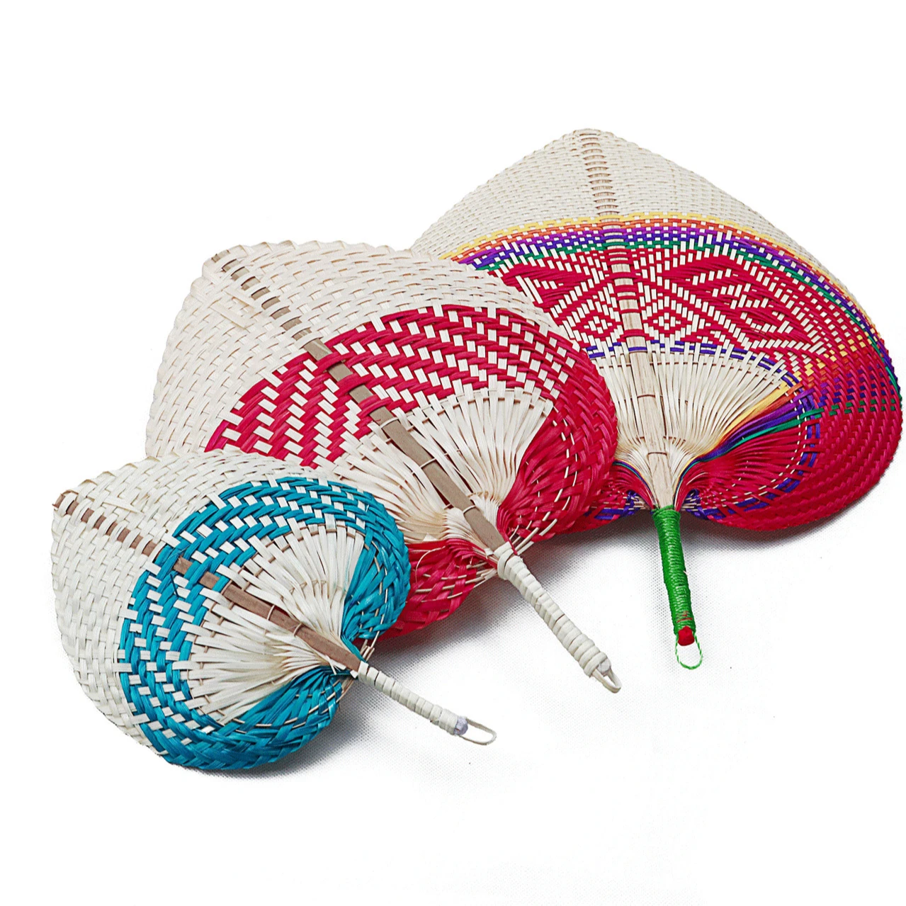 Handcrafted hand fan with natural bamboo material colorful heart shaped plam leaf hand fan for summer