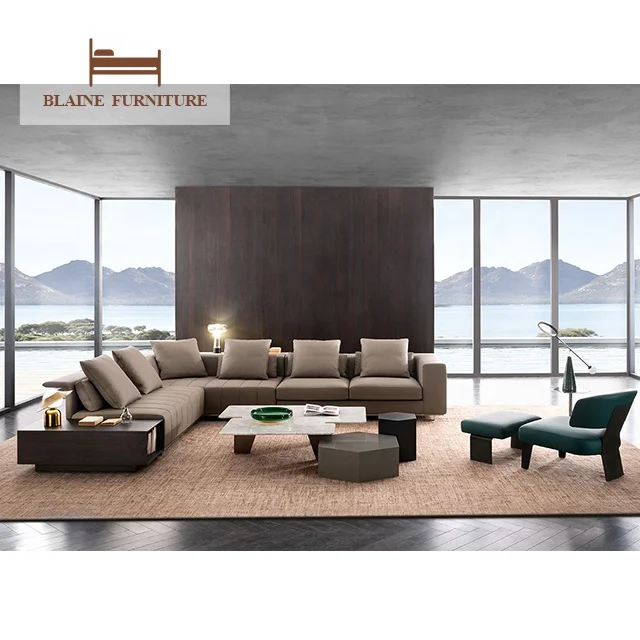 Italian Minimalism Living Room Furniture Metal Frame 4 Seater Couch Designer Genuine Leather Premium Beige Sofa Set