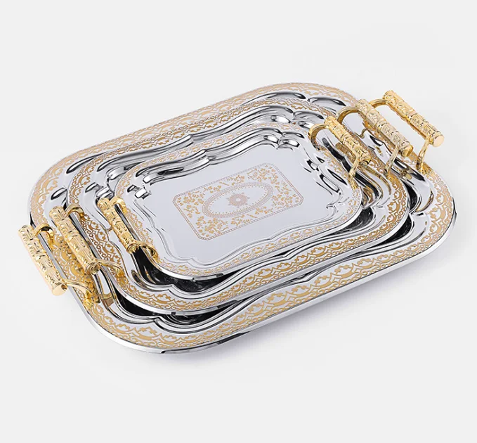
set of 3 antique thicken sliver and gold stainless steel rectangular metal weeding serving tray with handle 