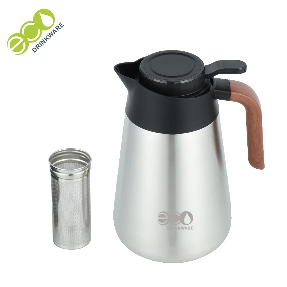 GT008 thermos flask coffee pot made of double walled 304 stainless steel with wooden handle insulated jug with drip free spout