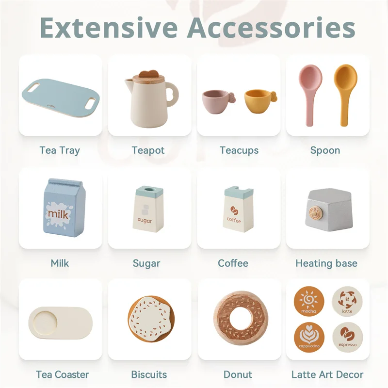 Eco-Friendly Wooden Afternoon Tea Set Pretend Play Kitchen Toy for 2-4 Years Educational Toy for Dessert Role-Play