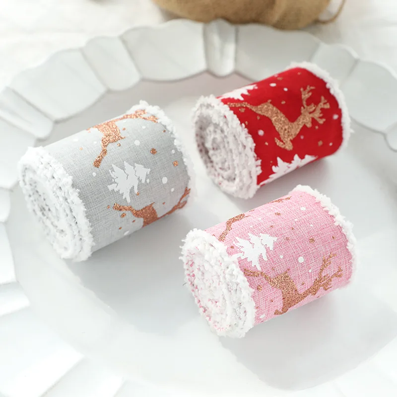 New 6.5cm Christmas Wired Edge Ribbons With Printed Tree And Reindeer Wrapping Ribbon