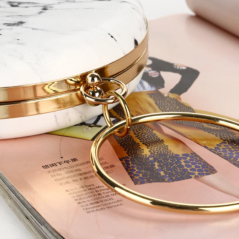 
New Deign Marble Vein Fashion PU Leather Round Shape Evening Clutch Bag Metal Frame Clutch Bags Wedding Party Purse 