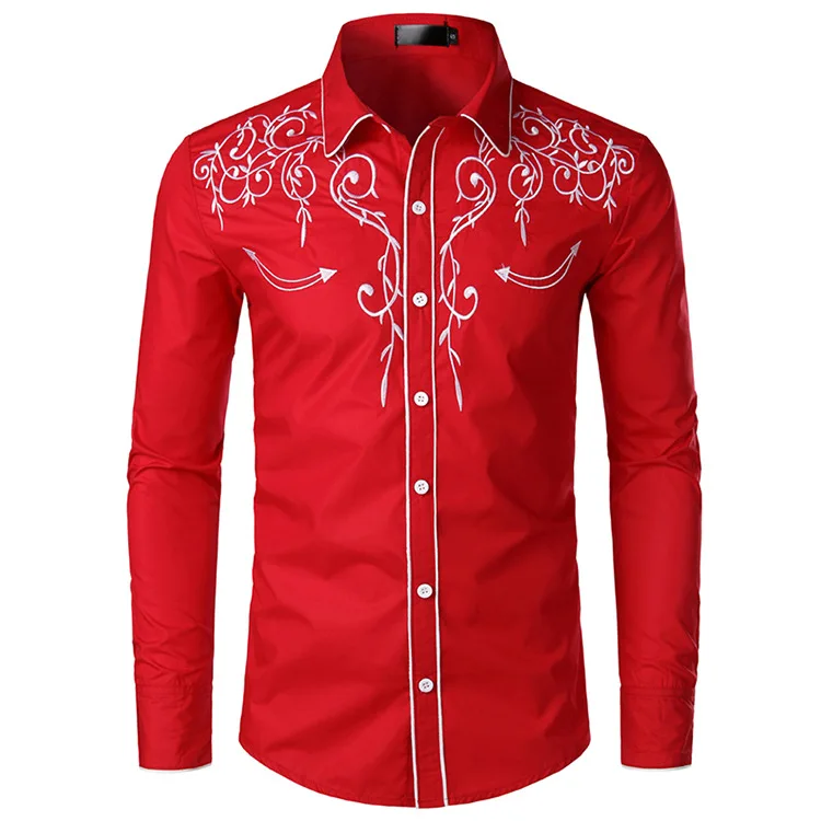 Men Stylish Western Cowboy Shirt Long Sleeve Slim Fit Embroidered Shirts