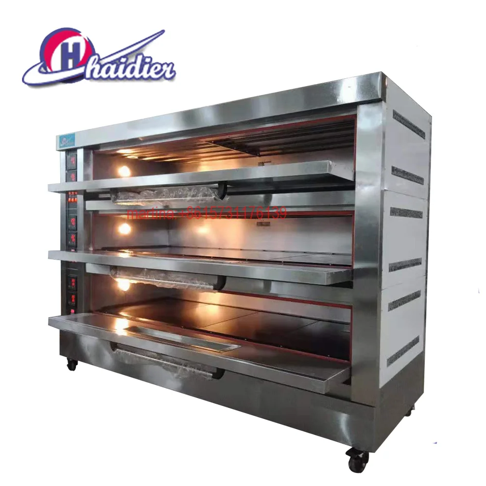 Китайское оборудование для выпечки, газовая духовка, 3 ячейки, 9 лотков, настольная духовка с паровым и каменным покрытием