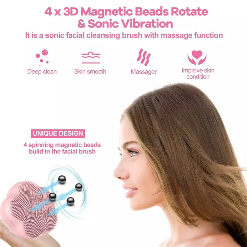 Unique Flower Design Magnetic Bead Vibration Face Cleaners Sonic Silicone Facial Cleansing Brush