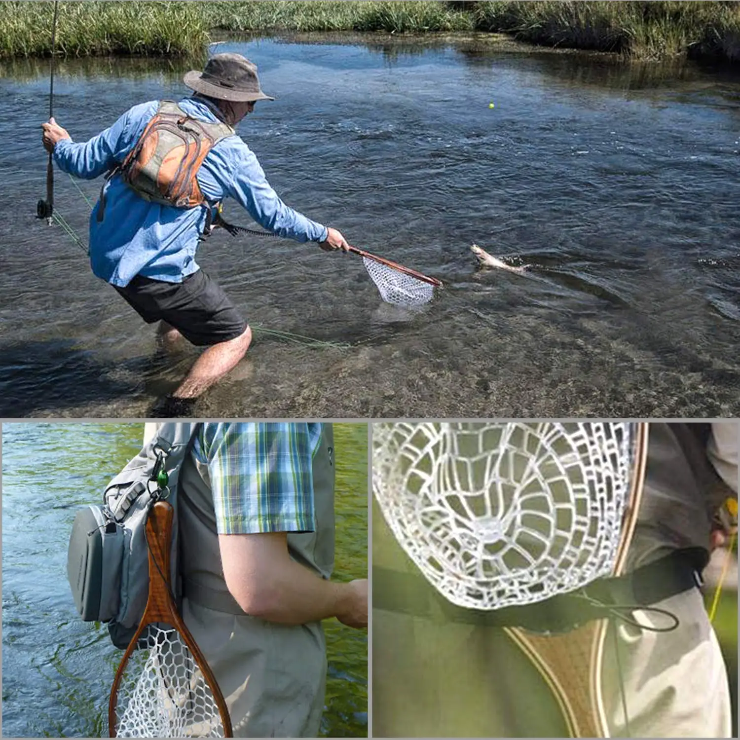 Wooden Handle Waterproof Frame Curve Rubber Mesh Fly Carp Fishing Landing Net