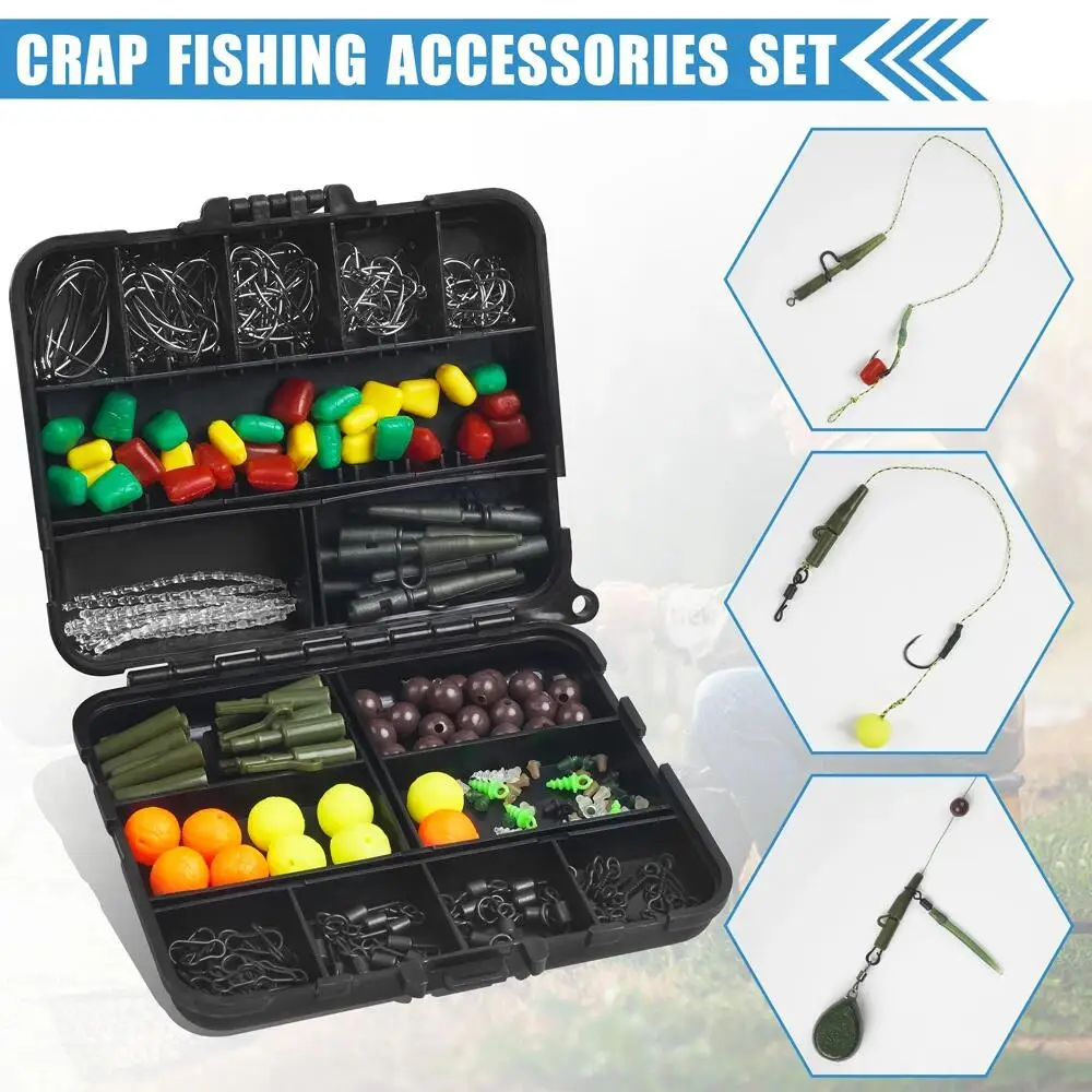 300Pcs Carp Fishing Tackle Kit Including Carp Hooks Quick Change Swivels Hook Stop Beads Boilie Bait Screw Safety Clips