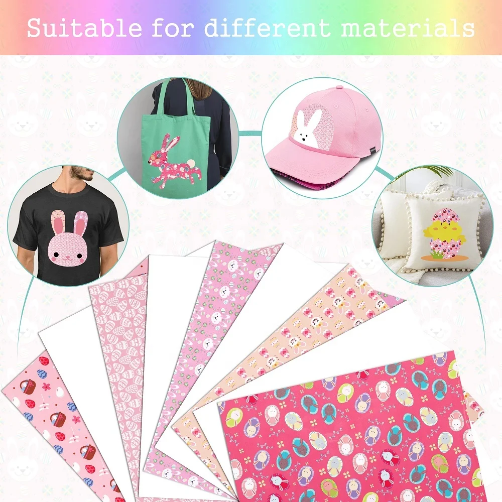 10inx5Feet Rolls Easter Color Eggs Bunny Printing PU Heat Transfer Film HTV Vinyl For Clothing T-Shirts