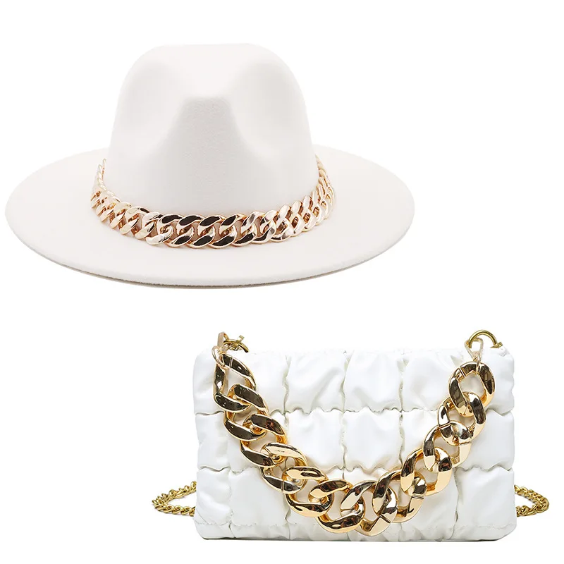 2022 New Fedora Hats And Handbags Match Hot Selling Ladies Classics Solid Fedora Hats With Gold Chain And Women Crossbody Bags