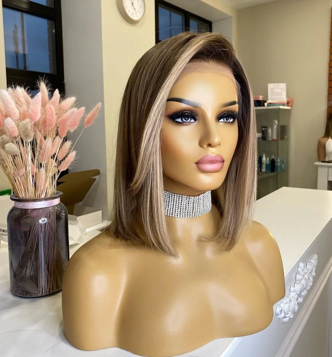 Silk Base Jewish Wig Highlight Ash Blonde Color Bob Style Popularity Remy European Human Hair Lace Front Wigs