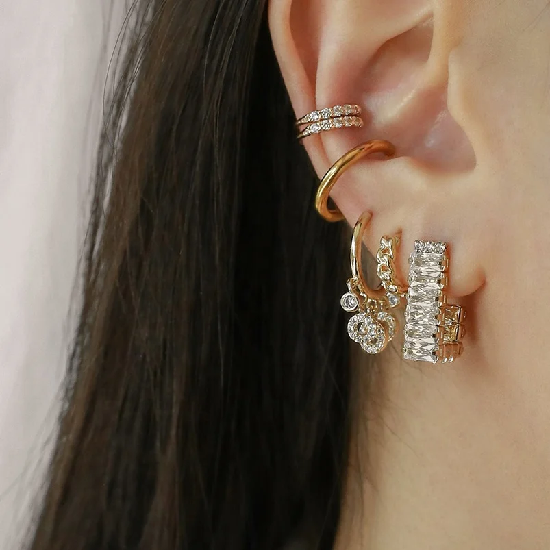 Gemnel fine 925 silver 18k gold plated korean Baguette diamond pave hoop earrings