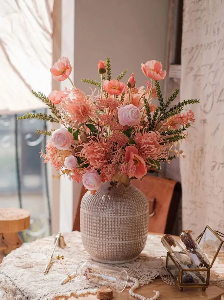 Hot Sale Bouquet Flowers Wisteria Poppy Eucalyptus Leaf Wedding Decoration Silk Plastic Rose Flower Artificial