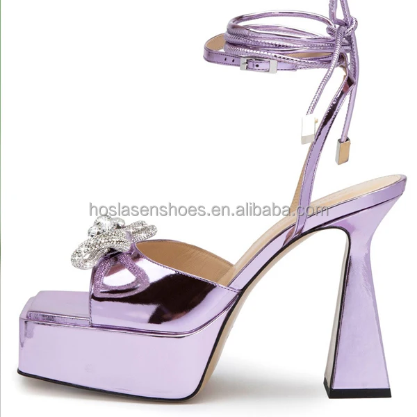 Hoslasen wholesale and retail 2022 new designs shinny purple thick platform and heel with rhinestone flower women sandals