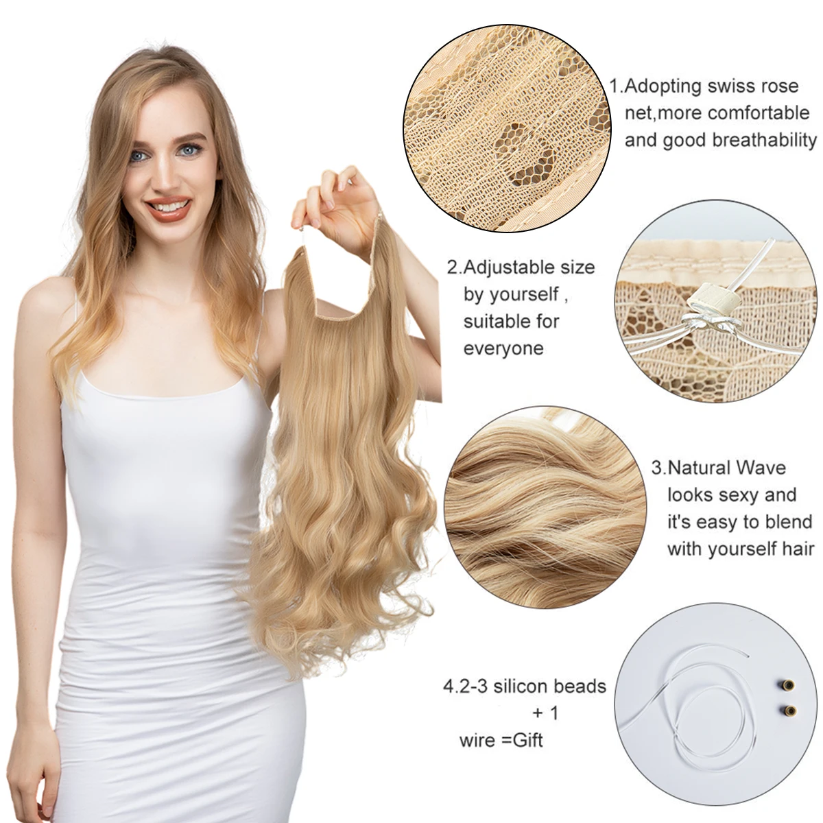 Wholesale New Upgrade Wavy Curly Invisible Halo Fiber Clip In Hair Extension Products Heat Resistant Blond Synthetic For Women