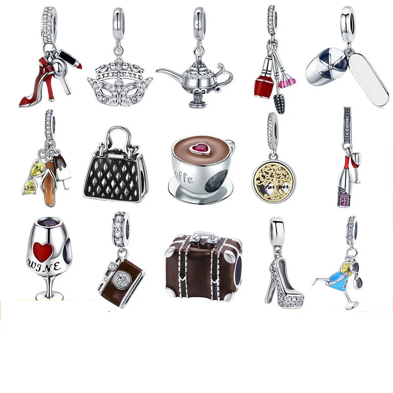 
925 Sterling Silver Dangle high heels Shoes Tree of Life travel dream camera Beads Charms Fit Pandora Bracelet Bangle Necklace 