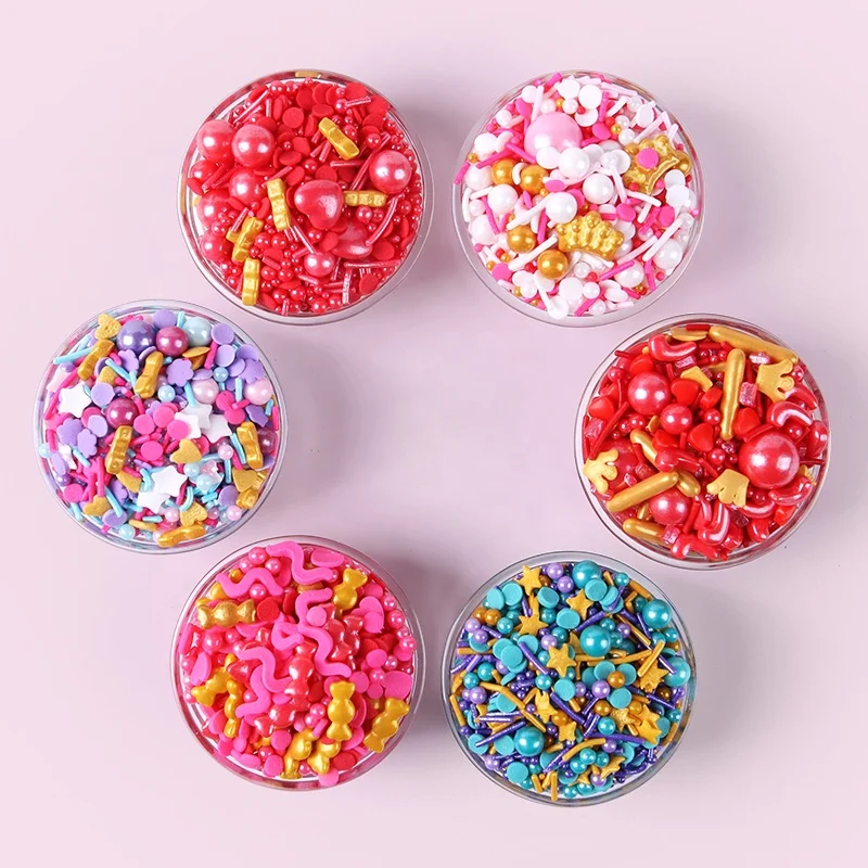Lovebakery Valentine Pink Sugar Pearls Cake Sprinkles Mixes Gold Crown Press Candy Shimmer Jimmies Sprinkles for Bake Decoration