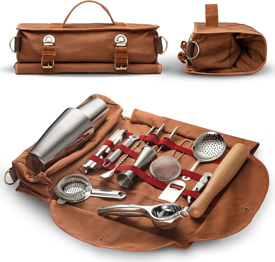Bartender Bag Travel Bartender Kit Bag with Bar Tools Professional 17-Piece Bar Tool Set with Portable Canvas Bag Easy Carry
