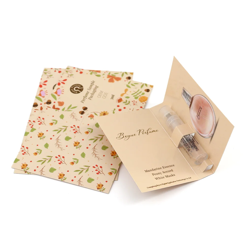 Custom personalised logo printing perfume sample paper card 1ml 2 ml cosmetic spray bottle perfume sample card