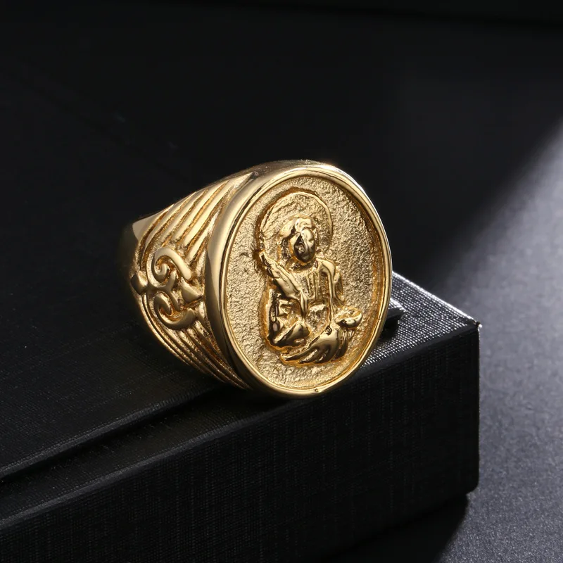 
2020 Hot selling Bible Virgin Mary Catholic Christian Jesus Titanium stainless steel rings gold plated religious men jewelry 