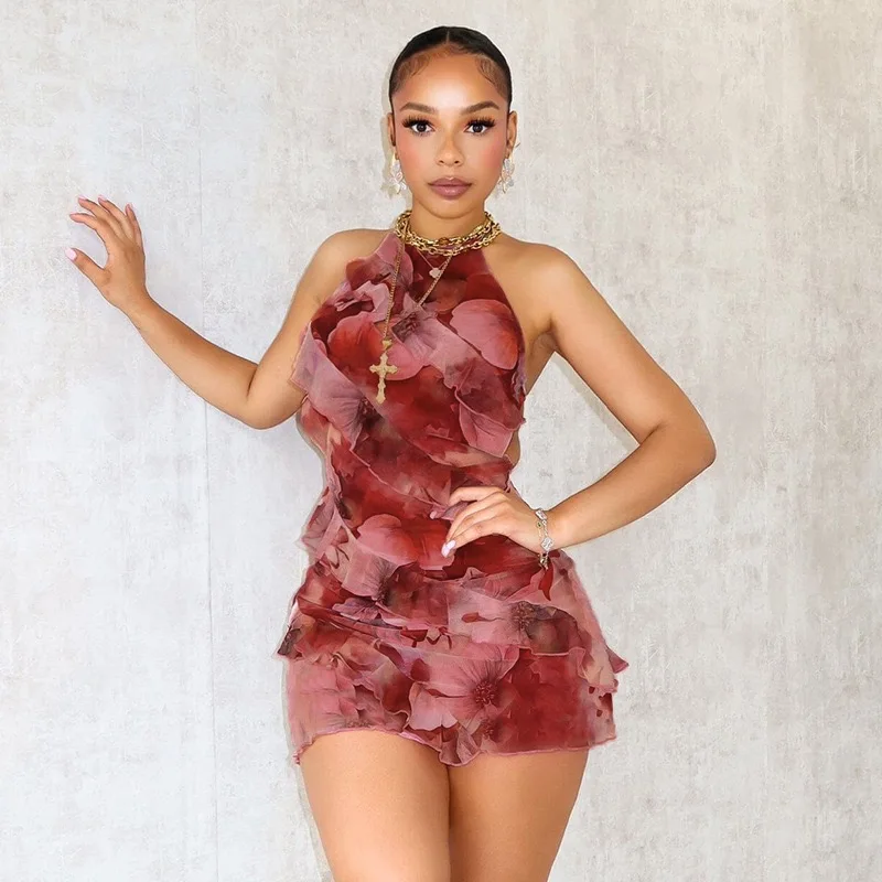 Женское многослойное платье с цветочным принтом и оборками Y2K, Летнее мини-платье с открытой спиной и завязкой, 2024 для женщин