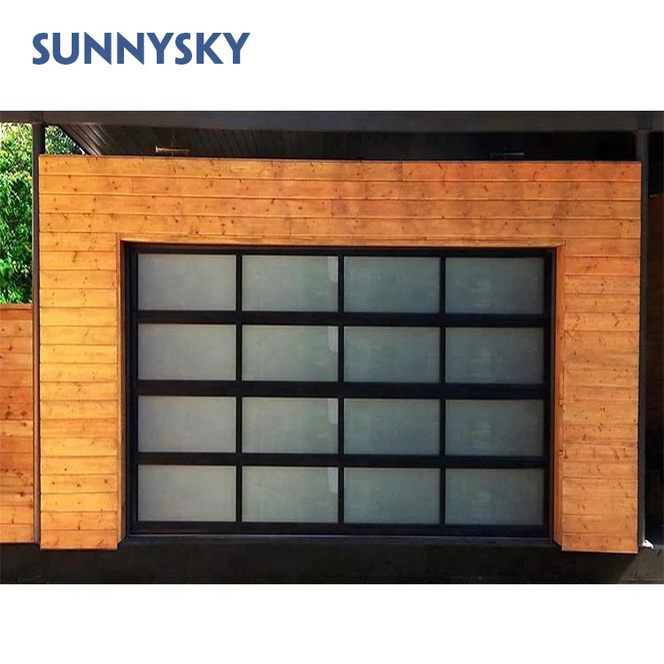 Sunnysky Aluminum Alloy Frosted Glass Modern New Black Combined Automatic Garage Door For Villa Modern Garage Door