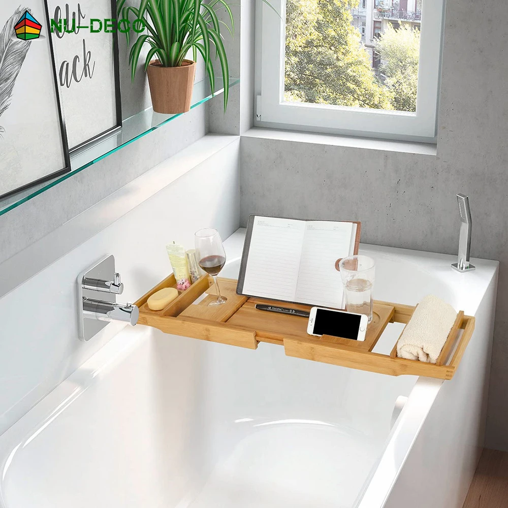 
Wood expandable luxury bamboo bath tub bathtub caddy tray 