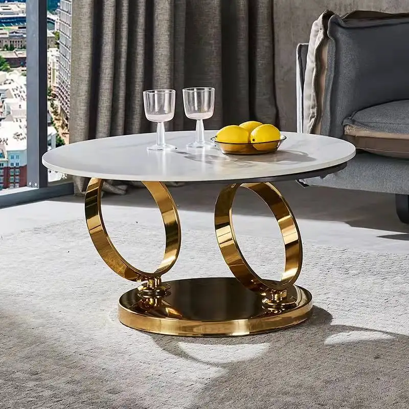 Foshan Furniture Living Room Metal Table Basse 2 Round Marble Centre Table Rotatable Gold Silver Black Steel Frame Coffee Tables