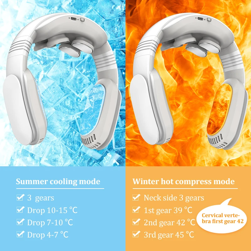 Portable Neck Fan Cooler and Heater with Massage Function Adjustable Neck Massager Semi Conductor Cold hot Compress