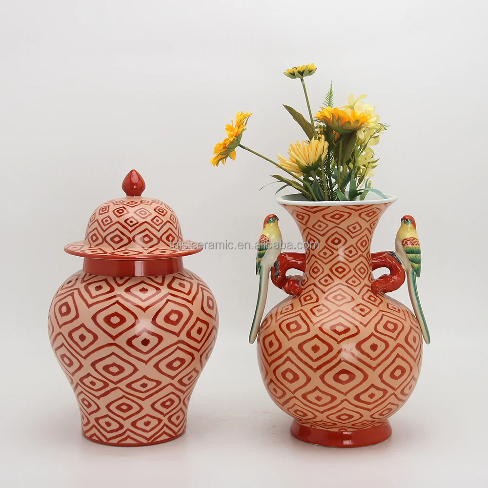 V108 Oriental style bird handle red porcelain vases hand painted chinois antique vase for decoration