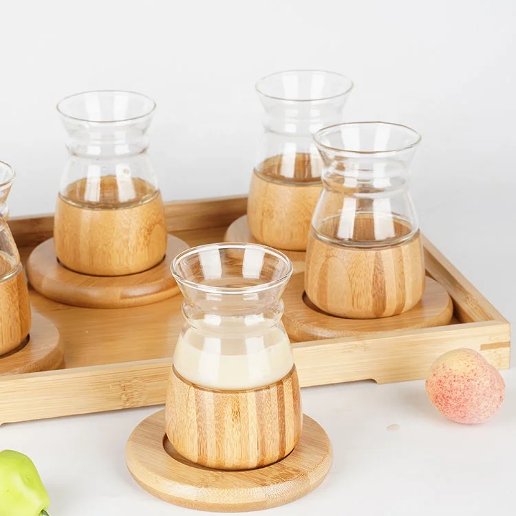 6 Sets Stocked Glass Cup Set with Bamboo Drinking Bottom Coffee Wood