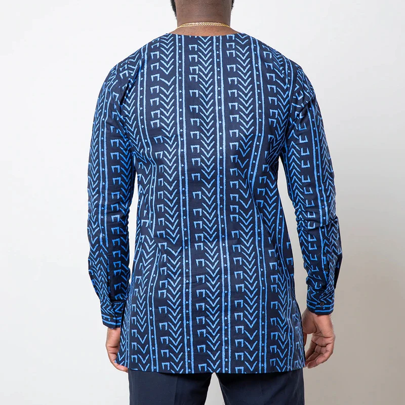 African Print Traditional Shirt Blue Navy Printed Men Top 100% Cotton Wax Shirt For New Season