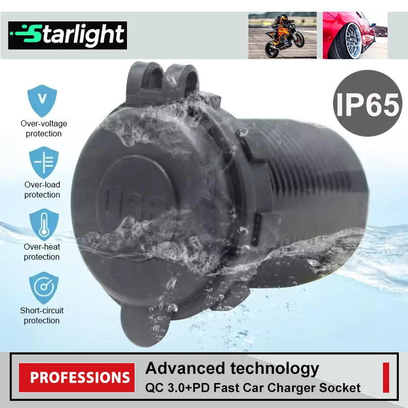 Car USB Charger Socket 12V 24V Waterproof QC3.0 Blue LED Fast Charger Socket for Car Boat Marine RV Truck