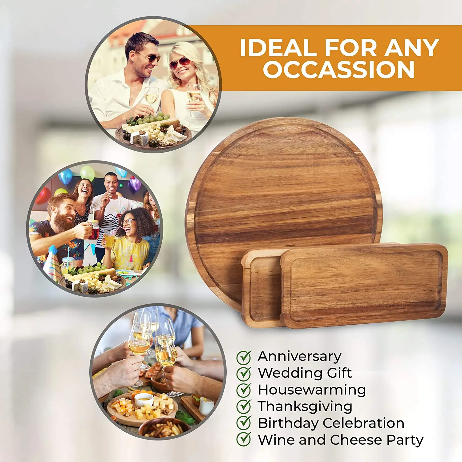 Large Wooden Charcuterie Board with 2 x Rectangular Cheese Plates Acacia Wood Cheese Board Set