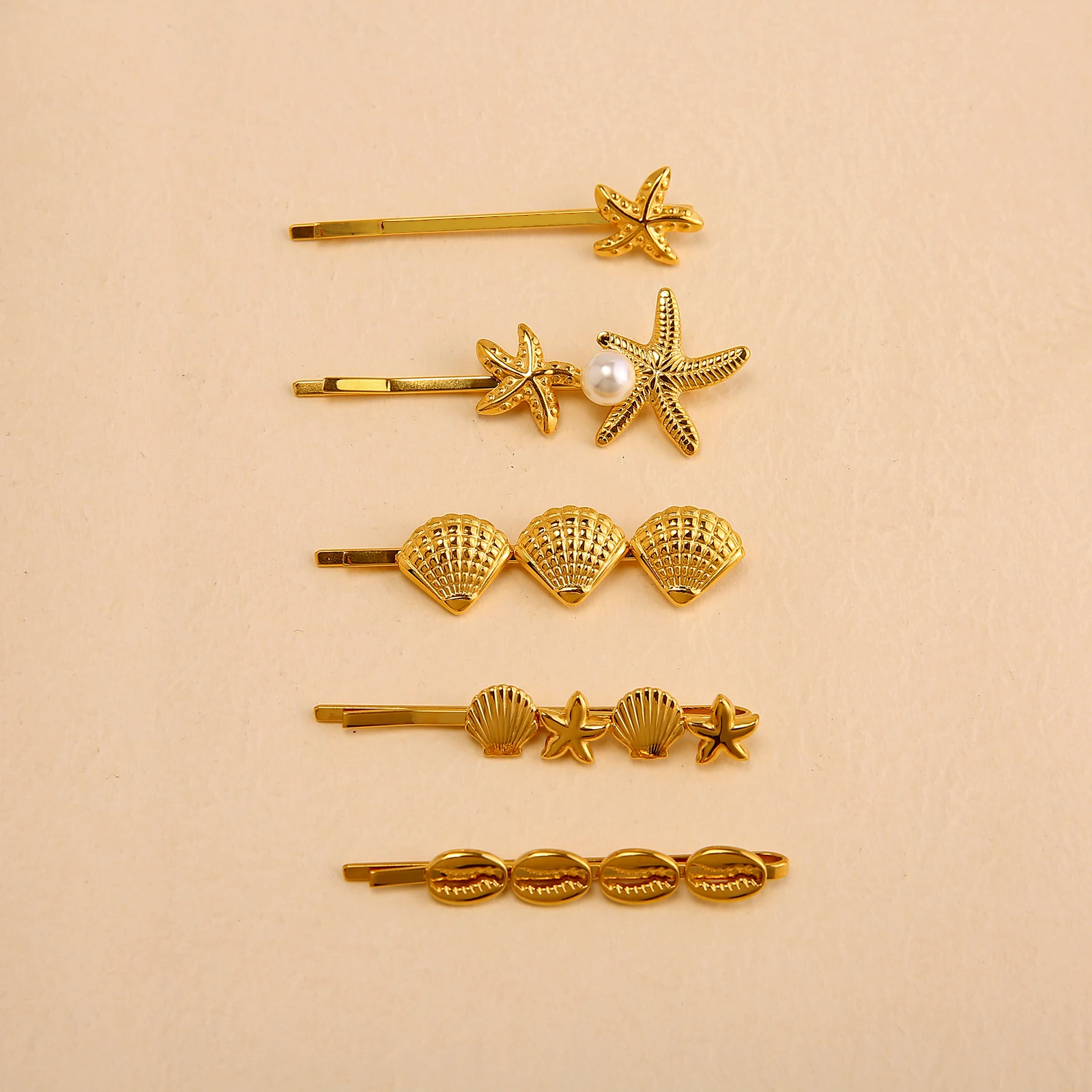 18K PVD Gold Plated Starfish Shell Hair Clips Hair Accessories Non Tarnish Stainless Steel Pearl Hair Clip For Women