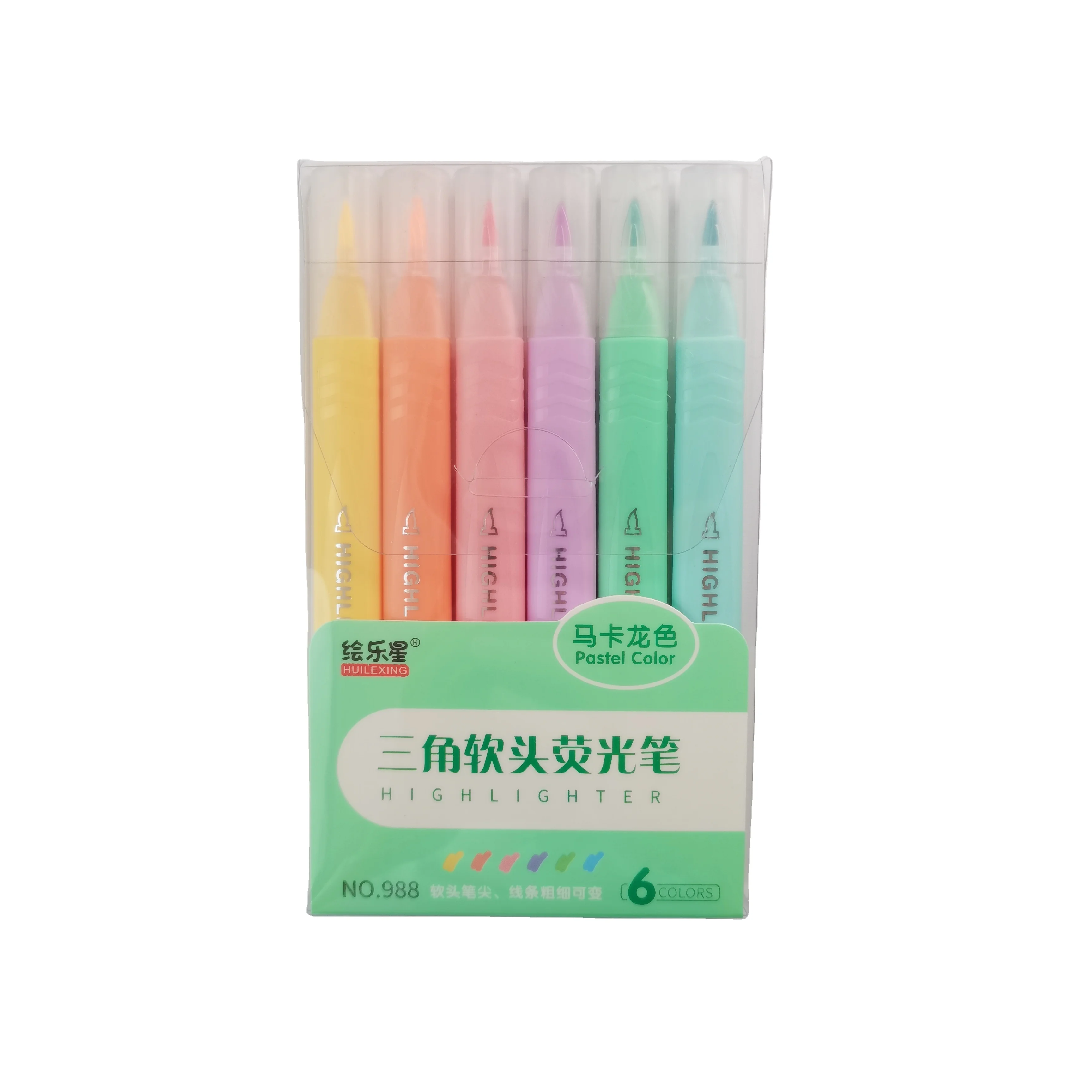 Good quality 6 color pastel color fluorescent soft fiber tip highlighter trianglular marker watercolor pen for art and drawing